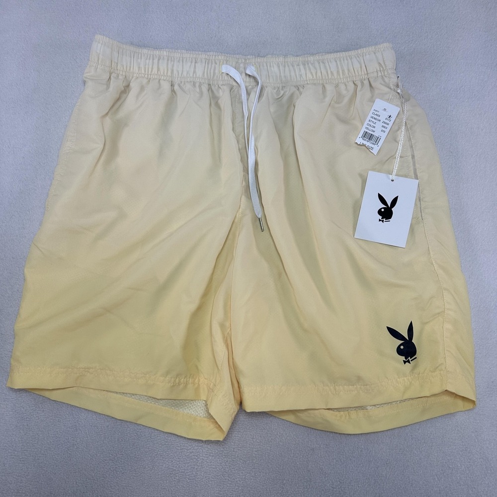 Playboy Swim Trunks Mens Large Yellow Mesh Lined Drawstring Shorts PacSun Summer